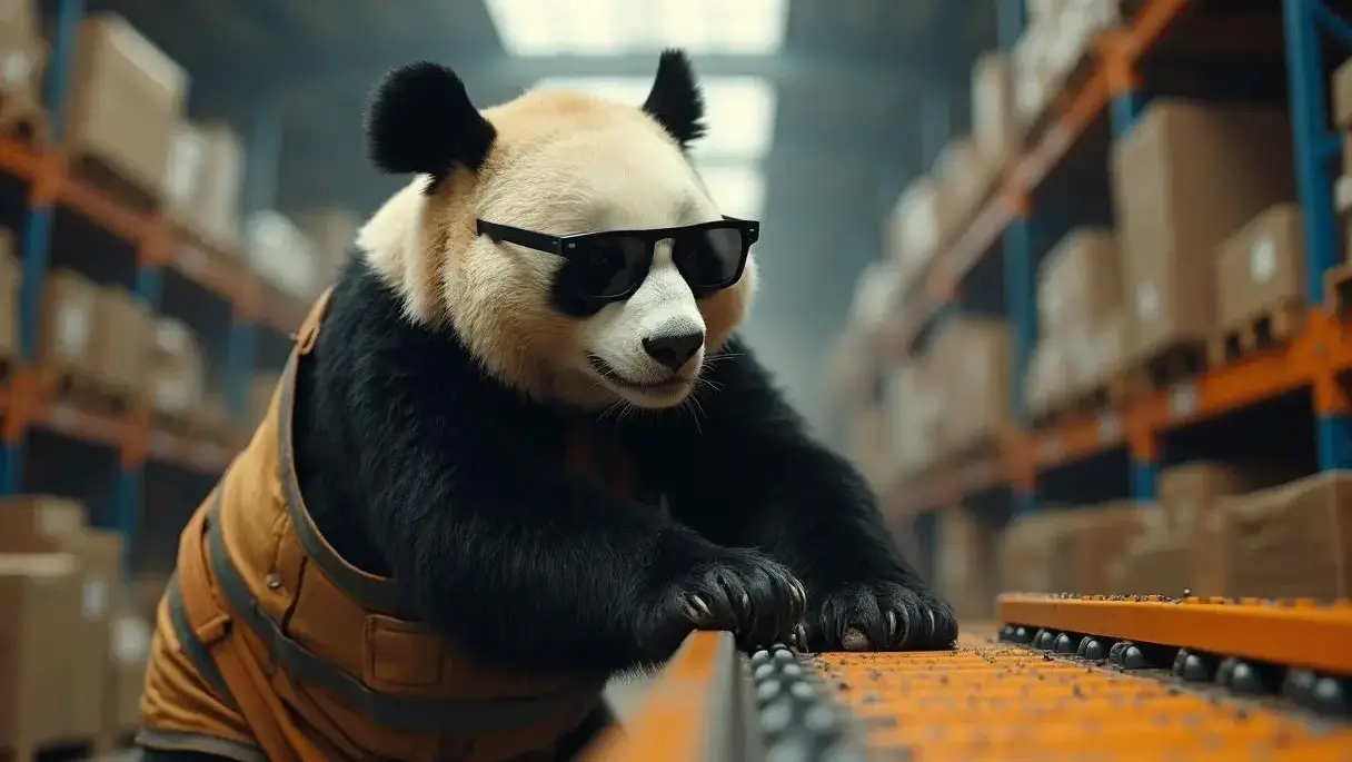 Wizualizacja kampanii Google Ads dla firmy automatyzującej intralogistykę – panda w nowoczesnym magazynie z panelem sterującym