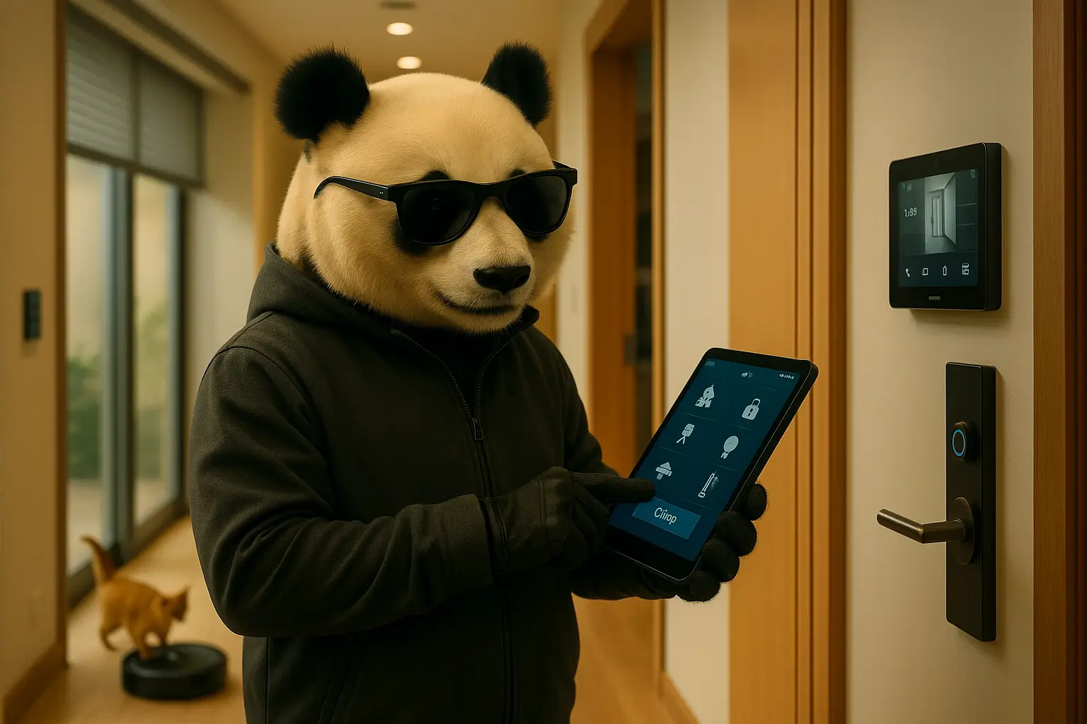 Panda w okularach steruje systemem Smart Home w nowoczesnym mieszkaniu – wizualizacja skutecznej ekspansji na rynek niemiecki z ROAS 457%