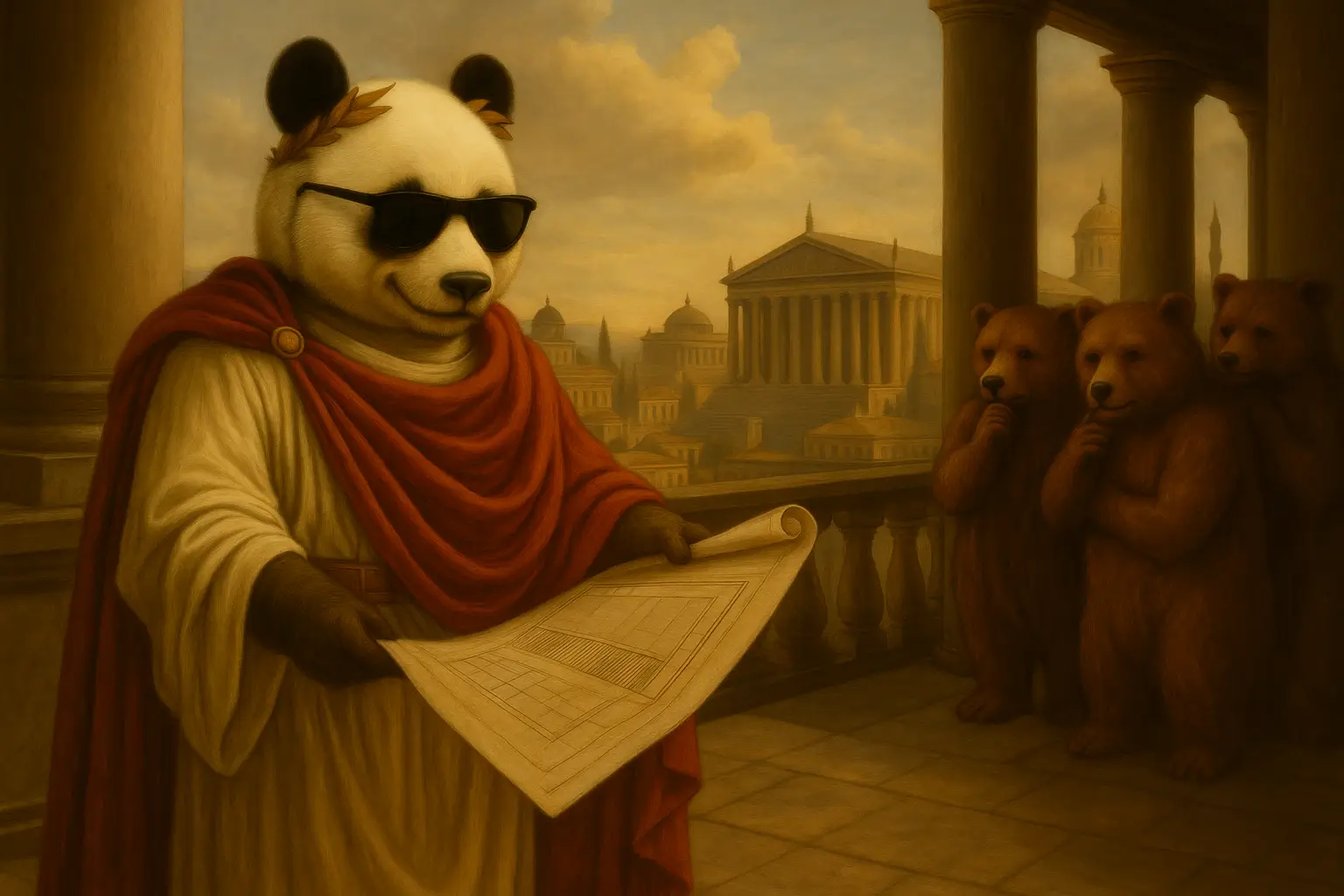 Panda w roli lidera trzymająca plany budowy, obserwowana przez ukrywających się zazdrosnych niedźwiedzi – metafora odwagi w biznesie mimo presji otoczenia.