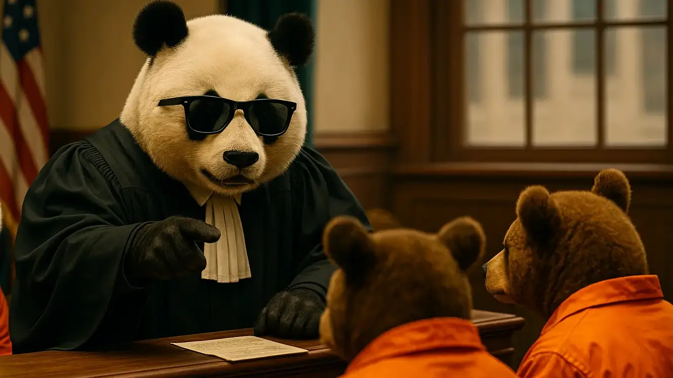 Panda w stroju sędziego z okularami przeciwsłonecznymi osądza dwie niedźwiedzie-agencje w pomarańczowych uniformach