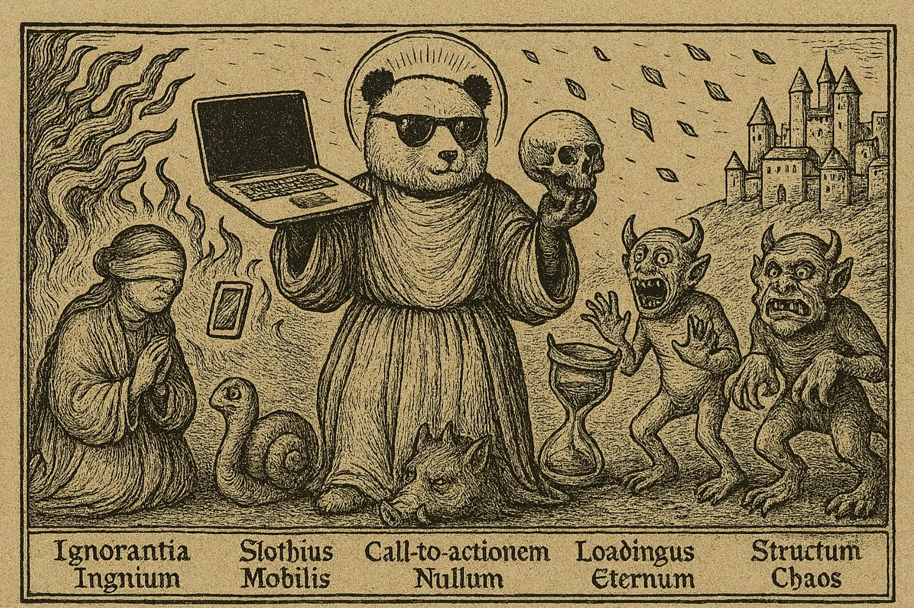 Panda w średniowiecznej szacie trzymająca czaszkę i laptopa, otoczona demonami reprezentującymi grzechy biznesowe stron internetowych – ilustracja w stylu ryciny