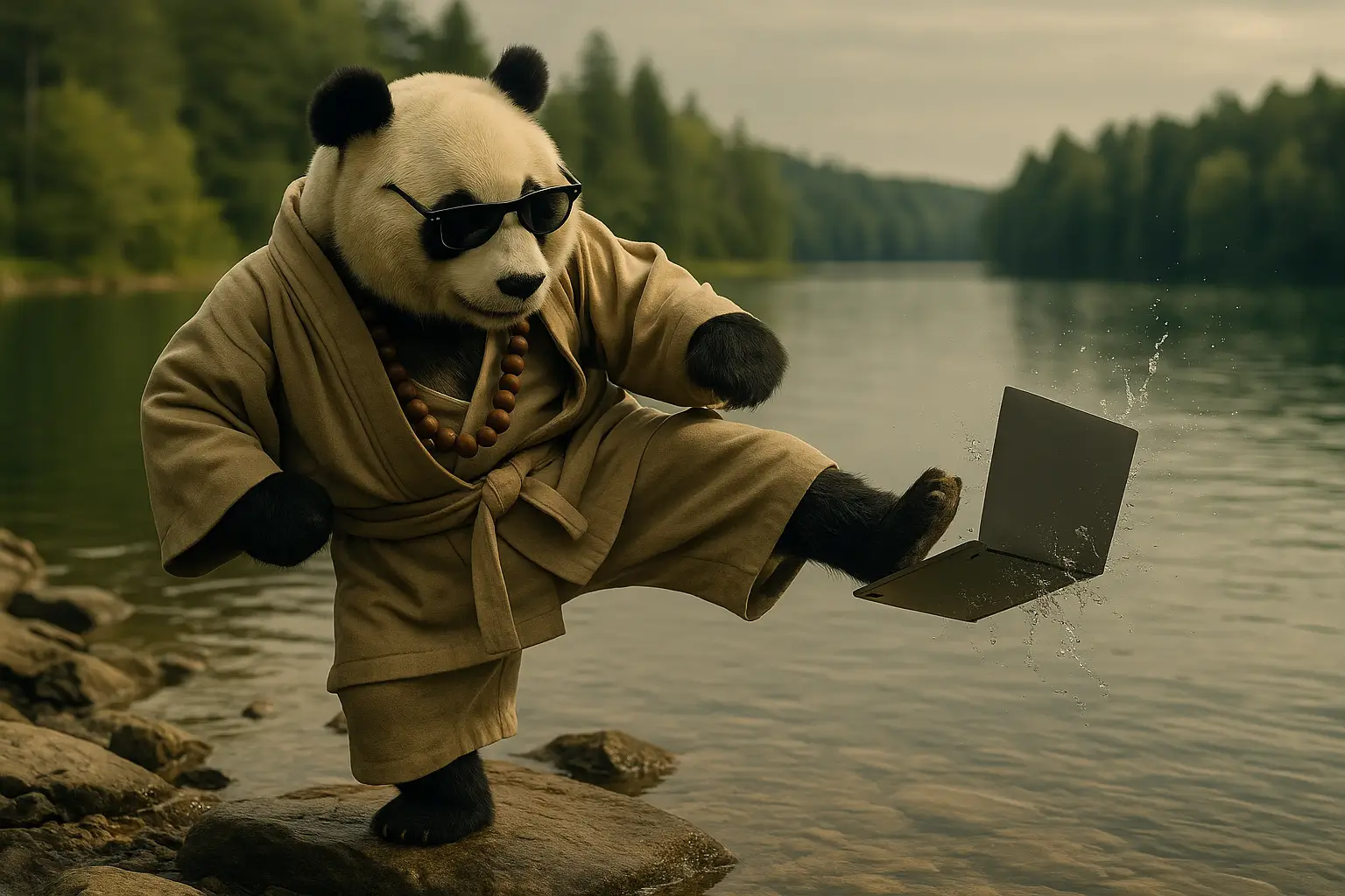 Panda symbolicznie kończy współpracę z iluzją skuteczności. Laptop leci do wody, a razem z nim: stres, sztuczne raporty i oczekiwania korporacyjnych algorytmów.