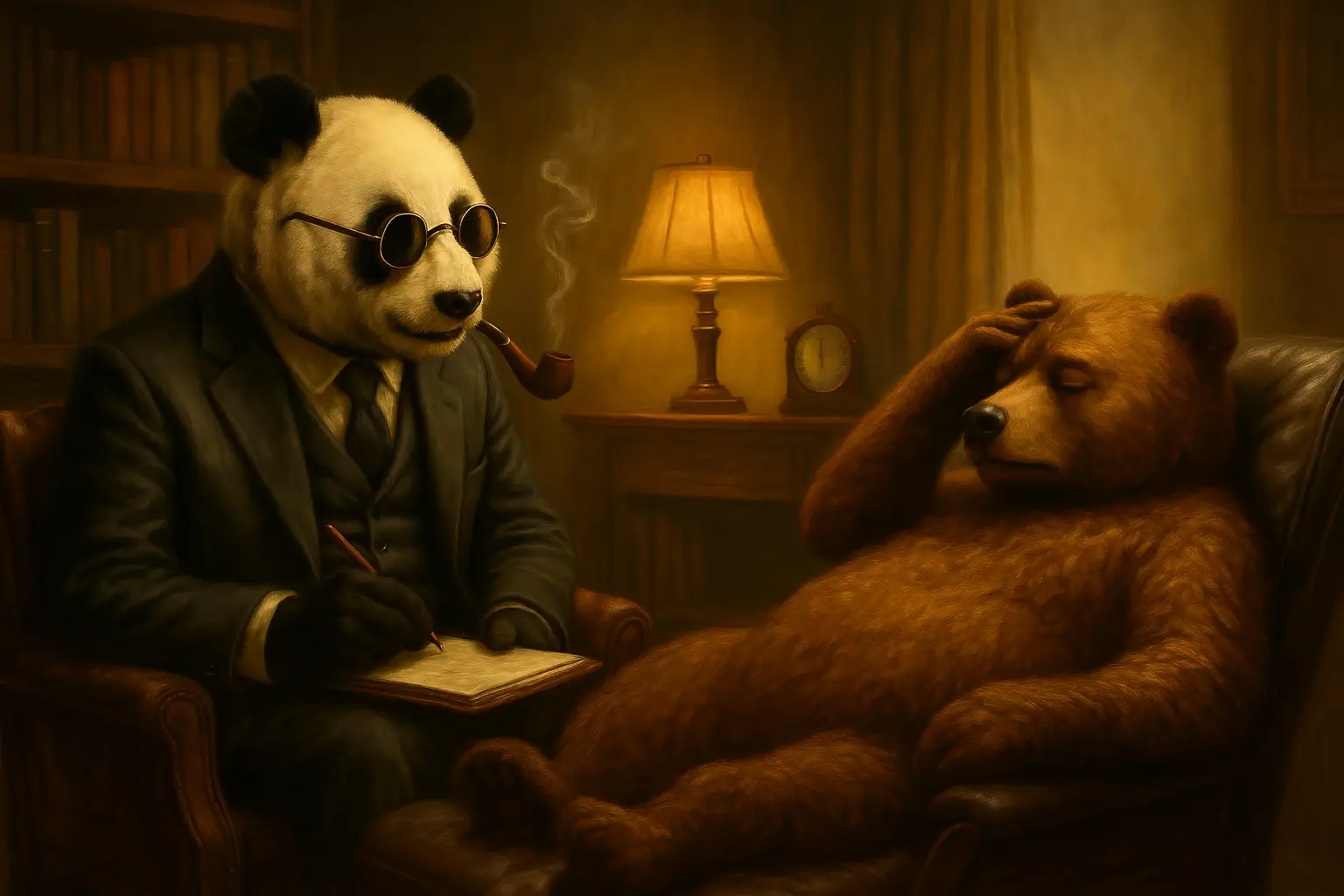 Panda jako psychoterapeuta rozmawia z zestresowanym niedźwiedziem w gabinecie – metafora właściciela firmy analizującego błędy mentalne w kampaniach marketingowych.