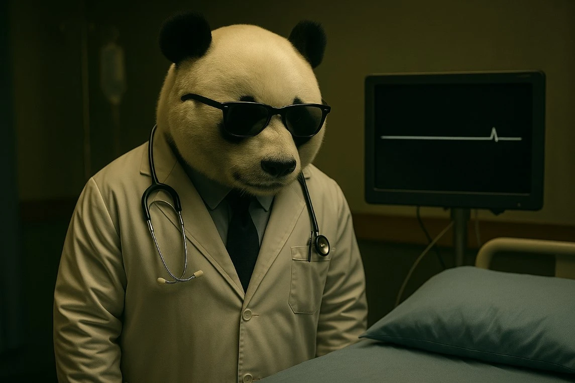 Panda-lekarz w okularach przeciwsłonecznych patrzy na wykres EKG z jednym impulsem życia – symbol martwej sprzedaży mimo aktywnej kampanii