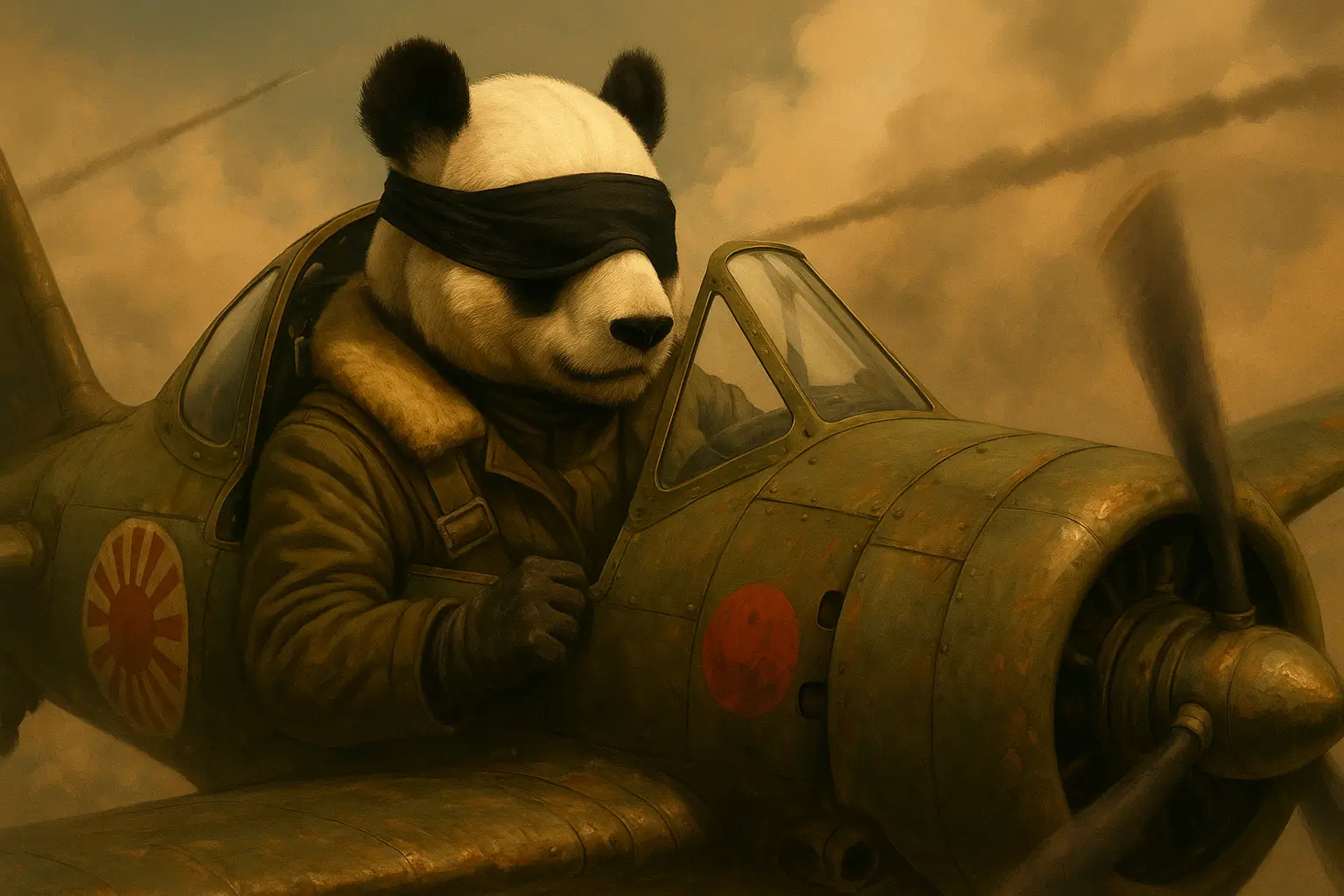 Panda z zawiązanymi oczami pilotuje samolot – metafora właściciela firmy prowadzącego marketing bez danych i strategii.