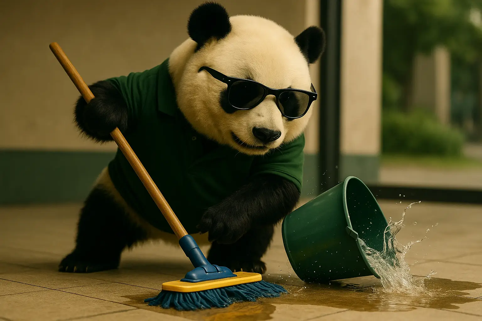 Panda z mopem jako symbol firmy sprzątającej, która przepala budżet w Google Ads bez liczenia kosztów