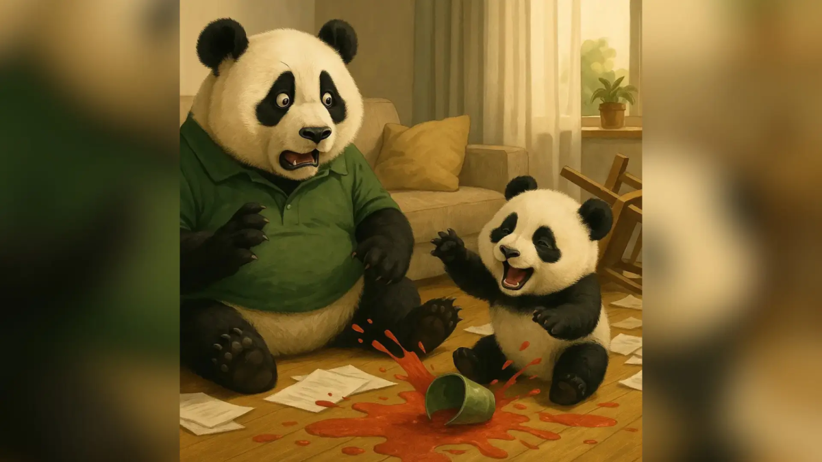 Realistyczna ilustracja pandy w zielonej koszulce i małej pandy robiącej chaos – metafora rozpraszaczy, przez które 95% klientów nie kupuje za pierwszym razem.